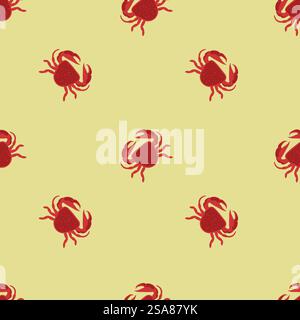 Nahtloses Muster mit roten Krabben in flachem Stil. Vektorillustration auf einem gelben Hintergrund, perfekt für Sommer- und maritimen Designs. Krabben Nahtloses Muster Gelber Hintergrund Stock Vektor