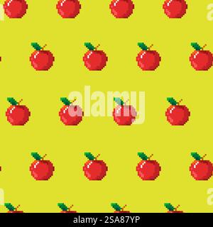 Nahtloses Muster mit Pixel-Art-Äpfeln im Retro-Stil. Vektorillustration auf gelbem Hintergrund, perfekt für Textilien und digitale Designs. Pixel Art Apple Seamless Pattern Stock Vektor