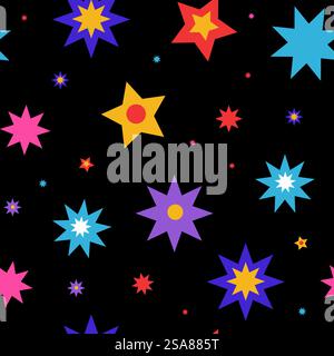 Nahtloses Muster mit mehrfarbigen Sternen in einem verspielten Vektor-Illustrationsstil. Perfekt für festliche Dekorationen und Kinderdesigns. Mehrfarbige Sterne Nahtloses Muster Vektor Stock Vektor