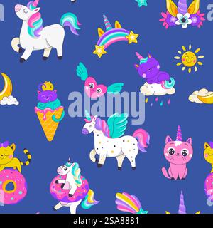 Nahtloses Muster von Einhörnern, Eiscremes, Regenbögen und Herzen auf einem blauen Hintergrund, Vektorillustration. Perfekt für Produkte, Tapeten und Textilien für Kinder. Einhörner und Eis auf Blau Stock Vektor