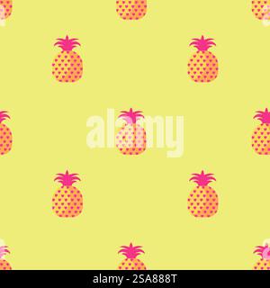 Nahtloses Muster mit Ananas, flaches Design. Vektor-Illustration auf einem gelben Hintergrund, perfekt für Sommer-Themen-Designs und tropische Projekte. Ananas Nahtloses Muster Gelber Hintergrund Stock Vektor