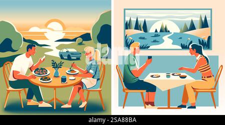 Vektor-Illustration einer gemütlichen Indoor-Nacht mit Einzelpersonen, die an einem Schachspiel und Smartphone-Nutzung beteiligt sind, um Freizeitaktivitäten hervorzuheben. Indoor-Schachspiel-Nacht-Vektorkunst Stock Vektor