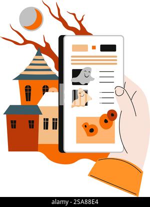 Abbildung einer Hand, die ein Smartphone mit einer interaktiven Halloween-App hält. Der Stil ist modern und flach, und die Vektorillustration ist isoliert auf einem weißen Hintergrund. Interaktive Halloween-App-Anzeige Stock Vektor