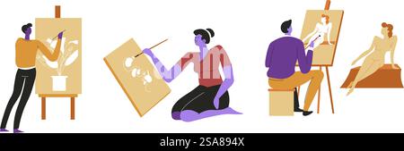 Lebendige Vektor-Illustration von verschiedenen Künstlern, die auf Leinwänden in einem einfachen flachen Stil malen. Perfekt für Kunstliebhaber und kreative Projekte, fängt dieses Kunstwerk die Essenz des künstlerischen Ausdrucks ein. Kreative Künstler, die auf Leinwände malen Stock Vektor