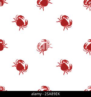 Nahtloses Muster mit roten Krabben in flachem Stil. Vektorillustration isoliert auf weißem Hintergrund, perfekt für maritimen Designs und Sommerprodukte. Krabben Nahtlose Muster Weißer Hintergrund Stock Vektor