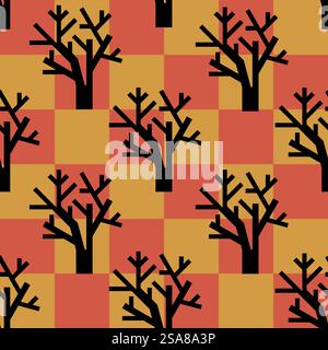 Ein nahtloses Vektormuster mit stilisierten schwarzen Bäumen auf einem orangefarbenen und gelben Schachbretthintergrund. Ideal für Herbstmotive und Textilien. Nahtloses Muster Für Die Herbstbäume Im Schachbrettmuster Stock Vektor
