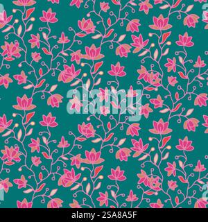 Eine nahtlose Vektor-Illustration mit leuchtenden rosa Blumenranken vor einem reichen blaugrünen Hintergrund. Dieses komplizierte Design ist ideal für Stoff-, Tapeten- und dekorative Druckprojekte. Floral Vines Nahtloses Muster In Teal Stock Vektor