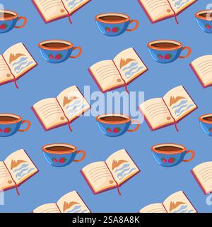 Eine nahtlose Vektor-Illustration mit Büchern und Kaffeetassen. Perfekt für gemütliche, intellektuelle Designs und kreative Projekte im Zusammenhang mit Lesen oder Kaffeekultur. Nahtloses Muster für Bücher und Kaffee Stock Vektor