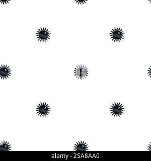 Vektor-Illustration eines nahtlosen Himmelsmusters mit schwarzen Sonnen und Monden auf einem weißen Hintergrund. Ideal für Tapeten und Stoffe. Sun Moon Schwarzweißmuster Stock Vektor