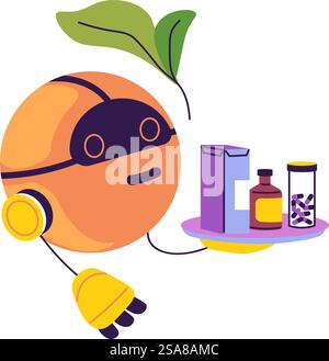 Ein Roboter, der ein Tablett mit verschiedenen Medikamenten in einfacher, flacher Ausführung hält. Futuristische und minimale Vektorillustration, isoliert auf weißem Hintergrund. Ideal für Designs im Gesundheitswesen und in der Medizintechnik. Abbildung „Roboter Hält Medikation Flach“ Stock Vektor