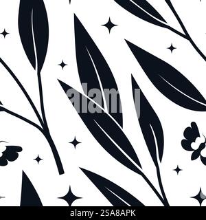 Ein minimalistisches Vektormuster mit stilisierten schwarzen Blättern auf weißem Hintergrund. Nahtlose Illustration geeignet für Textilien, Tapeten und Dekor. Simple Leaf Botanical Seamless Pattern Stock Vektor