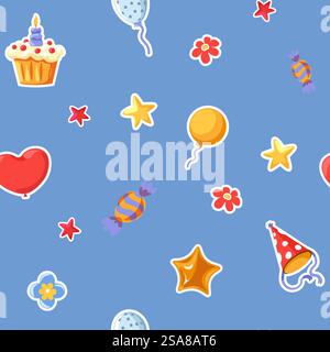 Nahtloses Vektormuster von Ballons, Cupcakes, Süßigkeiten und Sternen auf blauem Hintergrund. Perfekt für Geburtstagsmotive, Geschenkpapier und Partyeinladungen. Festliches Geburtstagsmuster nahtloser Vektor Stock Vektor