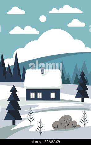 Eine Vektor-Illustration einer gemütlichen Hütte in einem verschneiten Feld mit fernen Bergen und Bäumen. Der Stil ist minimalistisch und flach. Gemütliche Hütte in verschneiten Feldern Stock Vektor