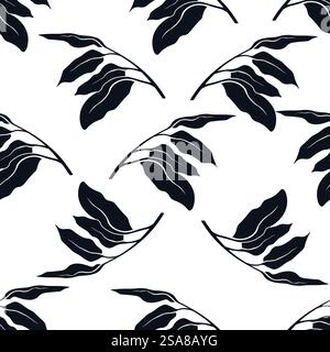 Vektor-Illustration eines nahtlosen Musters mit schwarzen tropischen Blättern auf einem weißen Hintergrund. Isoliert auf weißem Hintergrund, perfekt für Textilien und Tapeten. Tropische Blätter Schwarzweißmuster Stock Vektor