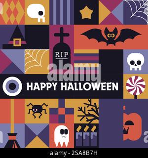 Ein nahtloses Muster mit Halloween-Symbolen wie Schädeln, Fledermäusen und Kürbissen. Erstellt in einem abgewickelten Vektorstil. Ideal für festliche Designs, Einladungen oder Dekorationen. Halloween-Muster mit Symbolen Stock Vektor