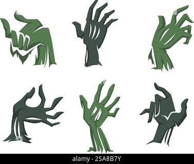Eine Sammlung von Vektorillustrationen, die gruselige grüne Zombiehände in verschiedenen Posen darstellen, isoliert auf weißem Hintergrund. Perfekt für Halloween-Designs und Horror-Projekte. Creepy Green Zombie Hands Kollektion Stock Vektor