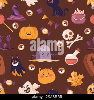 Eine nahtlose Vektor-Illustration mit einem Halloween-Thema, mit Kürbissen, Geistern, Fledermäusen und gruseligen Dekorationen auf dunklem Hintergrund. Perfekt für Urlaubsdesigns... Niedliches, Nahtloses Halloween-Muster Stock Vektor