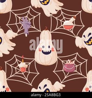 Ein nahtloses Halloween-Muster mit freundlichen Geistern, Spinnennetzen und skurrilen Gegenständen wie Tränke und Cupcakes. Vektor-Illustration perfekt für Partydekor und Stoff.. Halloween-Geist und Spinnennetz Stock Vektor