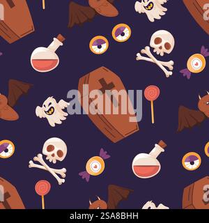 Ein nahtloses Halloween-Muster mit Schädeln, Särgen, Geistern, Fledermäusen und gruseligen Objekten in einem flachen Vektor-Stil. Ideal für Stoff, Geschenkpapier oder saisonale Einrichtung. Halloween Sarg und Schädelmuster Stock Vektor