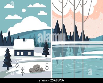Eine Vektorillustration einer schneebedeckten Hütte in einer Winterlandschaft mit Bergen und Bäumen. Der Stil ist minimalistisch und flach. Winterlandschaft mit Kabinenvektor Stock Vektor