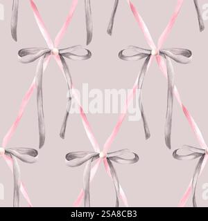 Nahtloses Schleifenmuster in Pink Grau. Haarband in Aquarellfarben, Stoff im Coquette-Stil für Mädchen in Rautengitterdesign. Girly Produktverpackung, Tapete Stockfoto