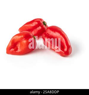 Rote heiße Chilischoten isoliert auf weißem Hintergrund. Schnittpfad für Chili-Paprika. Stockfoto