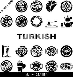 türkische Küche Essen Abendessen Ikonen setzen Vektor. Restaurant-Mahlzeit, traditionell köstlich, Gourmet-Gericht, Tisch, arabisch, Teller, Fleisch Lunch türkische Küche Essen Dinner Glyph Piktogramme Illustrationen. türkische Küche Essen Abendessen Ikonen setzen Vektor Stock Vektor