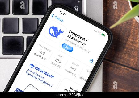 Antalya, Türkei - 29. Januar 2025: DeepSeek AI Assistant App auf dem Smartphone-Bildschirm Stockfoto