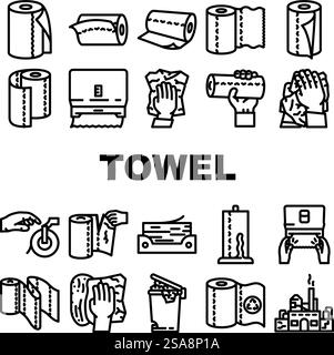 Papiertuch Küchenrolle Taschentücher Symbole Set Vektor. Saubere Toilette, Wischtuch, Serviette, Bad nass, Tisch, Reinigung trocken, Hände Sauberkeit Papier Handtuch Küchenrolle Taschentuch schwarz Kontur Illustrationen. Papiertuch Küchenrolle Taschentücher Symbole Set Vektor Stock Vektor