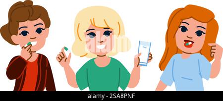 Medizin Kinderpillen Mädchenvektor. Nahrungsergänzungsmittel Apotheke, Vitamin-Nehmen, Mund Droge Medizin Kind Pillen Mädchen Charakter. Leute flache Zeichentrickgrafik Illustration. Medizin Kinderpillen Mädchenvektor Stock Vektor