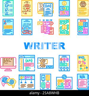 Technische Redakteure Dokumenthandbücher Symbole setzen Vektor. Schreibmaschinenplan, Strichanleitung, Textinhalt, Buchprojekt, alt, Schreibpapier Büro technischer Autor Dokument Handbuch Farblinien Illustrationen. Technische Redakteure Dokumenthandbücher Symbole setzen Vektor Stock Vektor