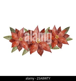 Die Aquarellzusammensetzung von Weihnachtsstern. Handgezeichnete Illustration auf weißem Hintergrund für Designkarten, Poster, Einladungen, Geschirr, Kleidung Stockfoto