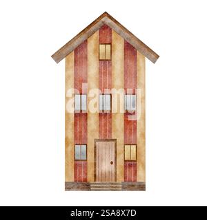 Aquarellillustration skandinavisches Haus mit roten, beigen Streifen. Handgezeichnet im Cartoon-Stil. Isoliertes Haus auf weißem Hintergrund für die Gestaltung von Stockfoto