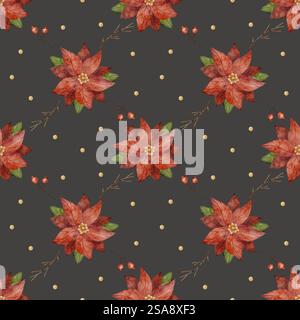 Aquarellmuster karierte Weihnachtsstern, Zweige, Beeren. Illustration der Weihnachtsblume. Nahtloser geometrischer Neujahrsdruck auf grauem Hintergrund für Stockfoto