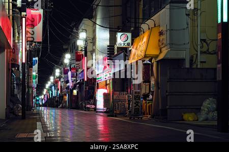Nachtblick auf eine leere, aber saubere und bunt beleuchtete Einkaufsstraße im Westen Tokios Stockfoto