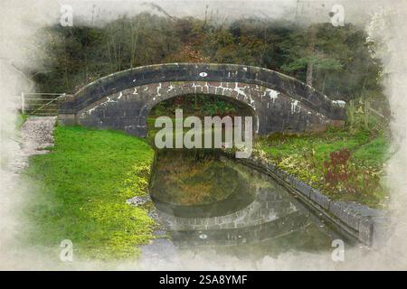 Ländliche Herbstlandschaft digitale Aquarellmalerei der Brücke 3 des Leek-Zweigs des Caldon-Kanals in der Nähe von Denford, Staffordshire, EN Stockfoto