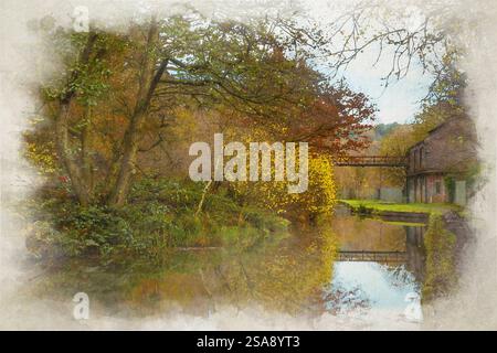 Ländliche digitale Aquarellmalerei des industriellen Erbes entlang des Caldon Canal Waterway in der Nähe von Froghall, Staffordshire, England, Großbritannien. Stockfoto