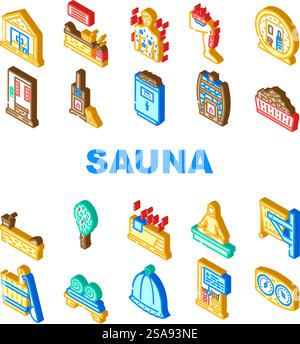 Sauna Dampf Spa Gesundheit Symbole setzen Vektor. Zimmerzubehör, Entspannungsheizung, Luxus aus Stein, Handtuchschlag, Kerzenthermie, Bad Sauna Dampfbad Spa Gesundheit isometrische Zeichen Illustrationen. Sauna Dampf Spa Gesundheit Symbole setzen Vektor Stock Vektor