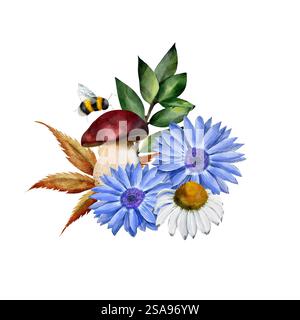 Hummel, Farnblätter, Sanddorn, Heidelbeeren, Gänseblümchen, Rudbekia, Pilze Aquarellkomposition isoliert. Bunte Handzeichnung von Waldpflanzen im realistischen Stil. Stockfoto