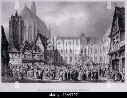 Holzstich von Victor Hugos Notre-Dame de Paris, veröffentlicht 1844 bei Perrotin, Paris. Abbildung: Außenansicht des Palais de Justice. Blick von außen auf das Pariser Gerichtsgebäude und den überfüllten Innenhof, wie es in den 1480er Jahren aussehen könnte Hinter den Fachwerkhäusern auf der linken Seite befindet sich die Sainte-Chapelle. Stockfoto