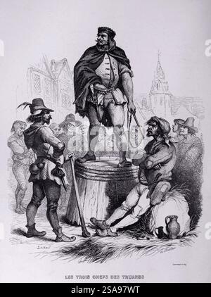 Holzstich von Victor Hugos Notre-Dame de Paris, veröffentlicht 1844 bei Perrotin, Paris. Abbildung: Die drei Anführer der Vagabunden. Ein Mann, der einen zerlumpten Mantel und einen kronenähnlichen Hut trägt, steht auf einem halben Zylinder, der umgedreht ist, mit einer Peitsche in der Hand und einem langen Messer am Gürtel. Er blickt trotzig nach links vom Bild, während die beiden Figuren im Vordergrund aus der kleinen Menschenmenge herausragen, die sich um ihn herum versammelt hat. Stockfoto