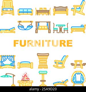 Gartenmöbel Garten Terrasse Ikonen setzen Vektor. Terrassenhaus, Tischhaus, Sommerbalkon, hölzerne Außenterrasse, Rattan, luxuriöse Gartenmöbel, Gartenterrasse, farbige Illustrationen. Gartenmöbel Garten Terrasse Ikonen setzen Vektor Stock Vektor