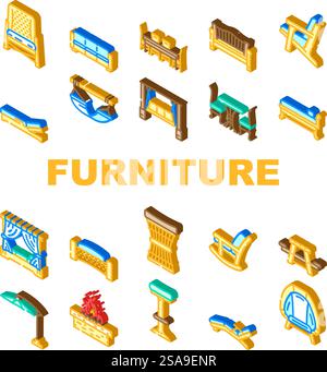 Gartenmöbel Garten Terrasse Ikonen setzen Vektor. Terrassenhaus, Tischhaus, Sommerbalkon, hölzerne Außenterrasse, Rattan, luxuriöse Gartenmöbel, Gartenterrasse, isometrische Schilderabbildungen. Gartenmöbel Garten Terrasse Ikonen setzen Vektor Stock Vektor