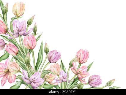 Rechteckiger Rahmen mit hellen Tulpen in Pastellrosa und offenen Knospen für Grußkarte „Hello Spring“. Handgezeichnete Aquarellillustration zarte Staude Stockfoto