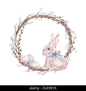 Rahmen mit Aquarellillustration Frühlingsbaumzweig ohne Blätter und Weide. Osterhase oder Kaninchen mit bemalten Eiern und Bogen isoliert auf A Stockfoto