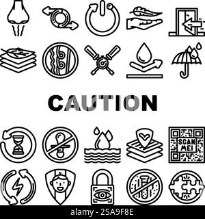 Warnhinweis-Warnsymbole für das Produkt legen den Vektor fest. Geruchskontrolle, reversibel, automatische Abschaltung, leicht, nur für den Innenbereich, Warnhinweis, schwarze Konturabbildungen. Warnhinweis-Warnsymbole für das Produkt legen den Vektor fest Stock Vektor