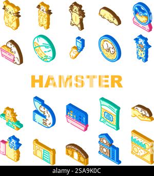 Hamster Hamster nette App Haustier Münze Icons Set Vektor. Nagetier lustig, syrisch entzückend, Meerschweinbettwäsche, Tier kleiner Hamster Hamster niedliche App Haustier Münze isometrische Zeichen Illustrationen. Hamster Hamster nette App Haustier Münze Icons Set Vektor Stock Vektor
