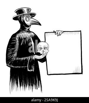 Pestarzt mit Schädel. Handgezeichnete schwarz-weiße Illustration im Retro-Stil Stockfoto