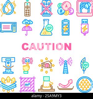 Warnhinweis-Warnsymbole für das Produkt legen den Vektor fest. Saubere Formel, Fernbedienung, keine App erforderlich, Vitamin, Haltbarkeit, mikrowellensichere Produkte mit Warnhinweis, farbige Strichabbilder. Warnhinweis-Warnsymbole für das Produkt legen den Vektor fest Stock Vektor