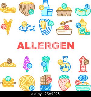 Icons für Lebensmittel ohne Allergene setzen Vektor. Gluten Zucker, Ei Soja, Laktose vegan, gmo Molkerei, Milchetikett, organische kosmetische, fettallergenfreie Lebensmittel-Farblinien-Illustrationen. Icons für Lebensmittel ohne Allergene setzen Vektor Stock Vektor